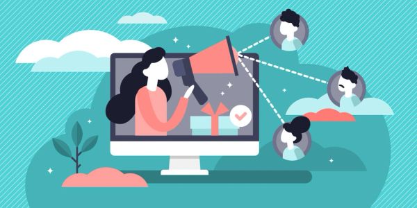 Digital marketing concept with a woman using a megaphone on a computer screen.