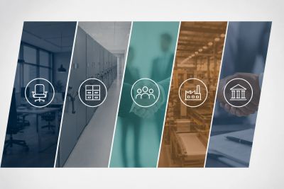 Business concept icons over office and warehouse images.