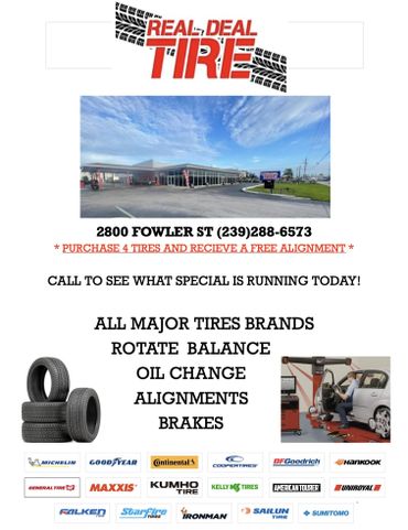 Advertisement for Real Deal Tire with services and major tire brands.