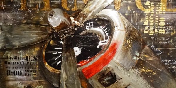 Abstract painting of a vintage airplane engine with propeller.