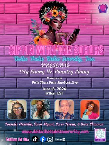 Event poster for Delta Theta Delta Sorority's live discussion on city vs. country living.
