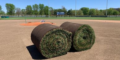 Two large rolls of sod on a baseball field under clear blue sky.