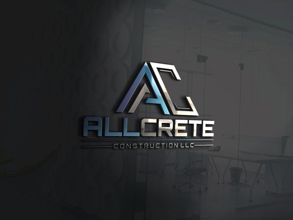3D logo of Allcrete Construction LLC on a glass office wall.