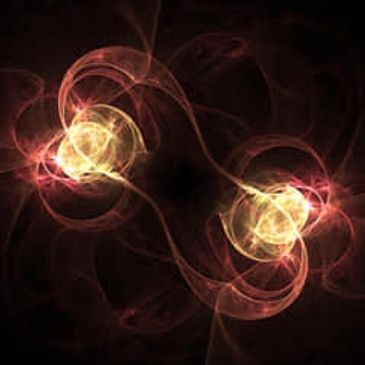 Abstract glowing orbs connected by flowing lines in dark space.
