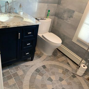 Powder room remodel, wall tile, floor tile and granite vanity top
