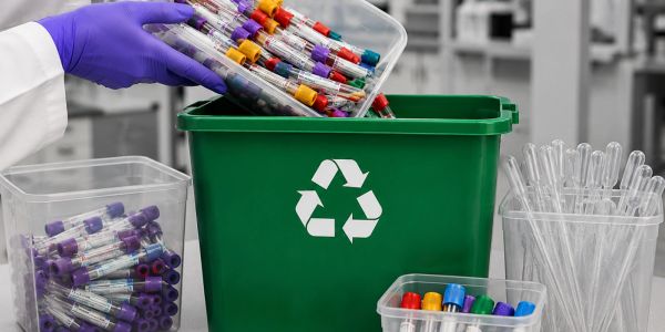 A scientist disposes of blood sample tubes into a green recycling bin in a lab.