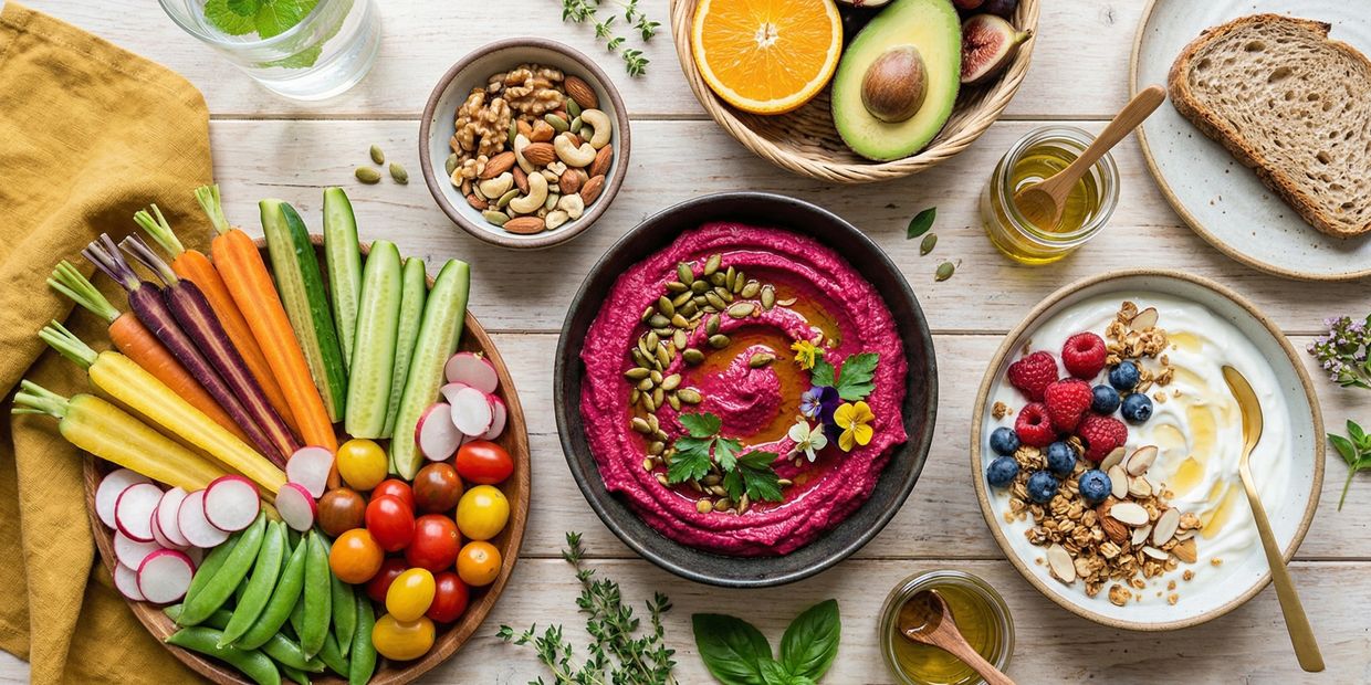 A colorful spread of fresh vegetables, nuts, fruit, beet hummus, and yogurt with granola.