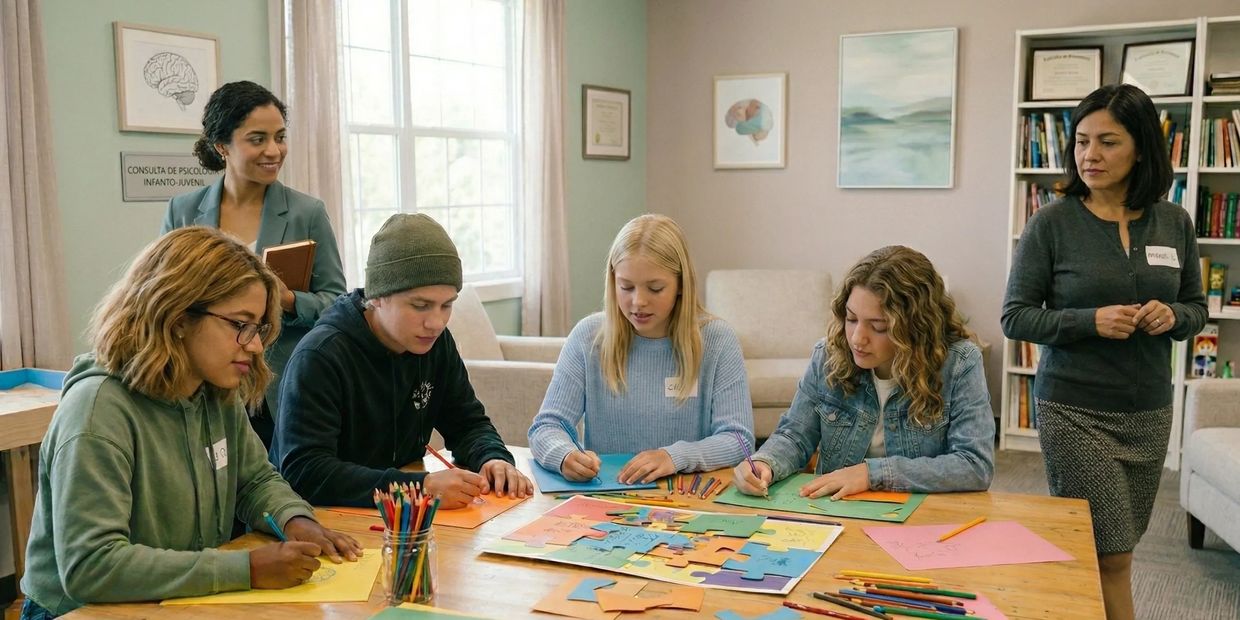Teenagers engaged in a group art activity with two adults supervising.