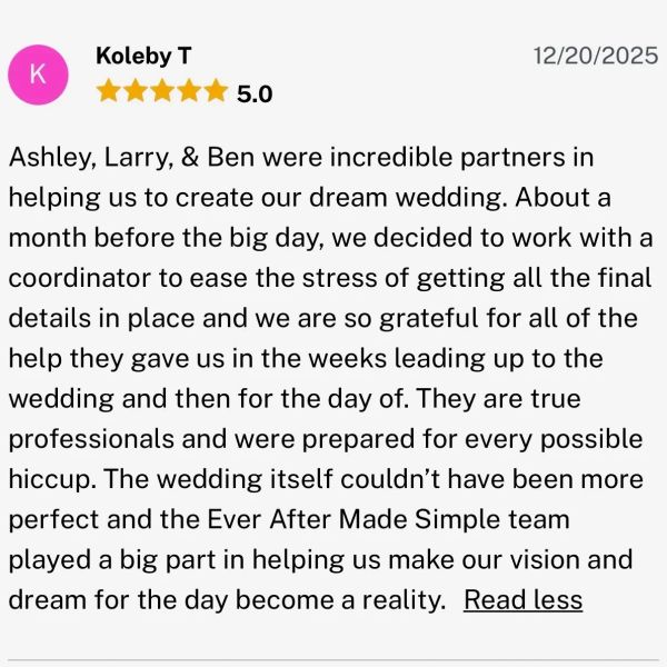 Five-star review praising wedding planners Ashley, Larry, and Ben.