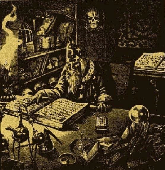 A wizard studies ancient texts in a dark, mystical room filled with magical artifacts.