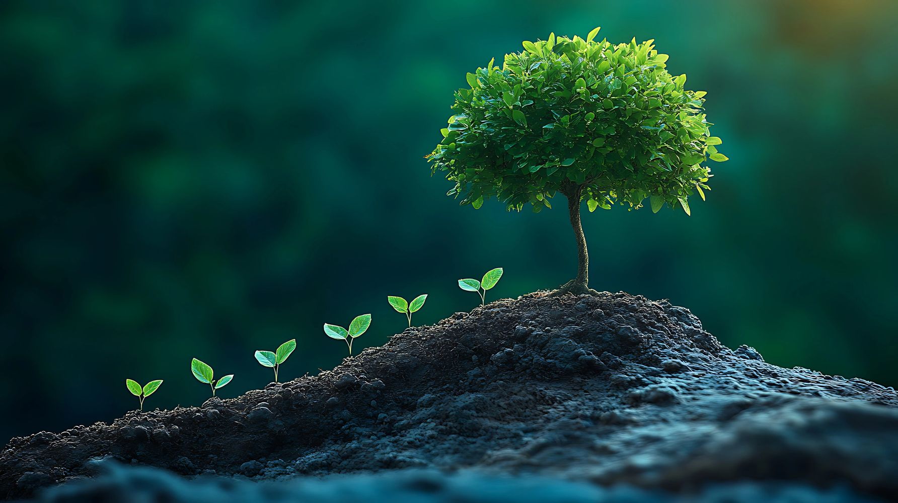 Small seedlings growing into a healthy tree on soil.