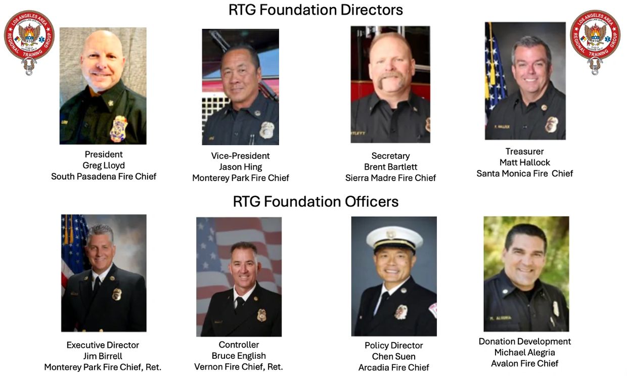 Portraits of RTG Foundation Directors and Officers with their titles and fire chief affiliations.