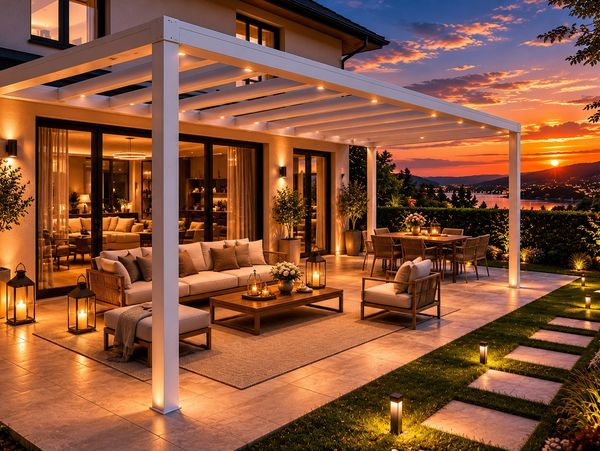 Elegant outdoor patio with modern furniture and sunset view.