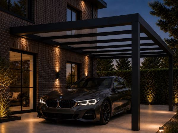 A sleek black BMW parked under a modern carport at night.