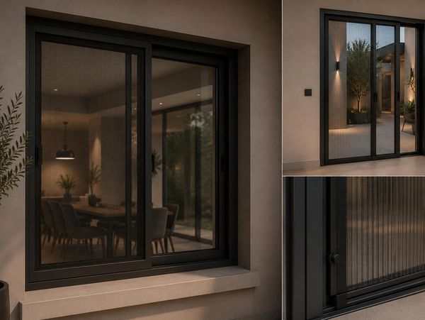 Modern black-framed sliding windows and doors with mesh screens.