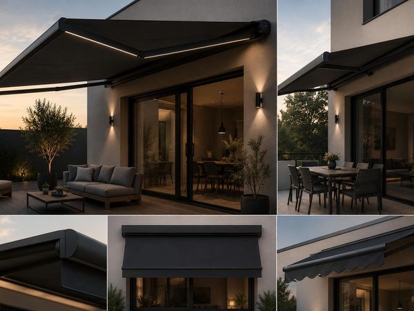 Modern retractable black awnings on a stylish patio at sunset.