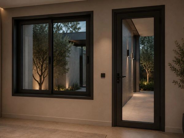 Modern interior with large window and glass door showing illuminated outdoor trees.