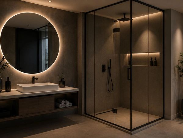 Modern bathroom with illuminated round mirror and glass shower enclosure.