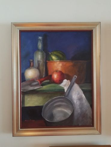 Still life painting featuring kitchen utensils, fruits, and bottles on a table.
