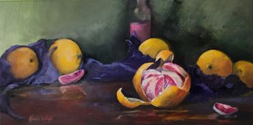 Still life painting of citrus fruits with a peeled grapefruit centerpiece.