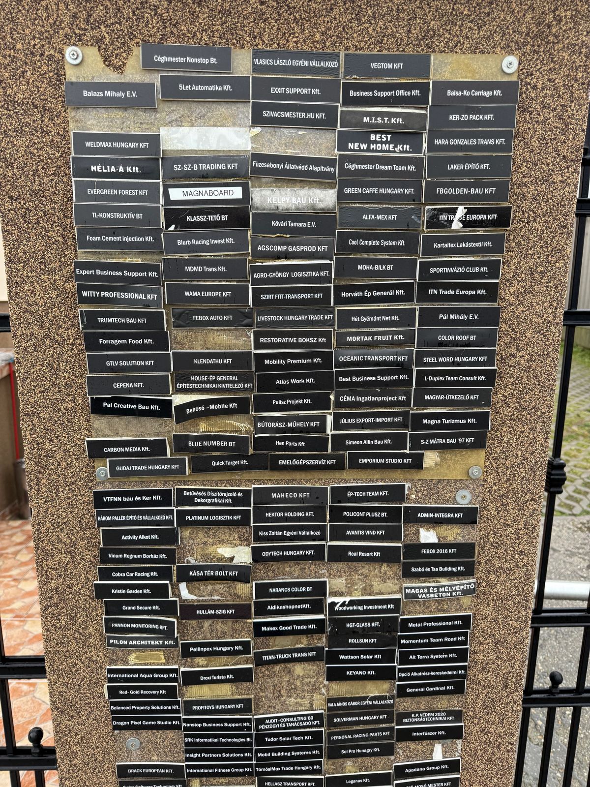 Registered-office nameplate board in Hungary listing many kft. companies