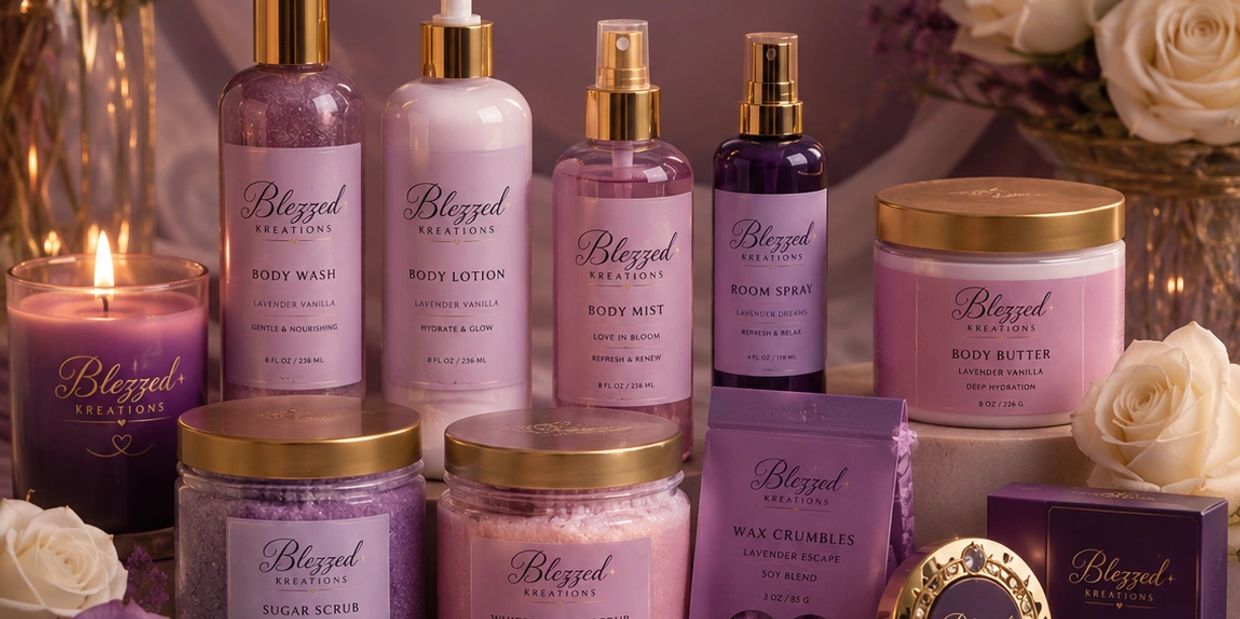 Blezzed Kreations lavender vanilla skincare and aromatherapy products with elegant packaging.