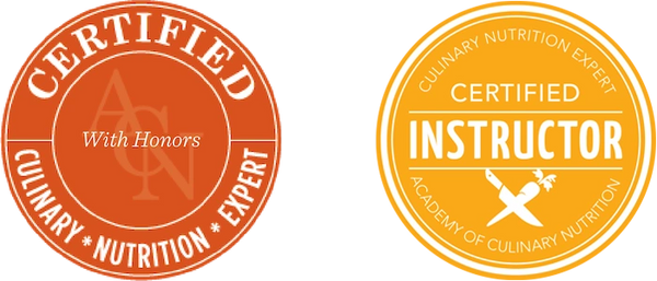 Culinary Nutrition Expert and Certified Instructor certification seals.