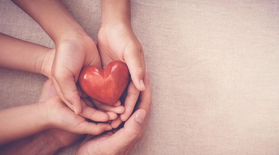 Multiple hands holding a red heart symbolizing care and love.