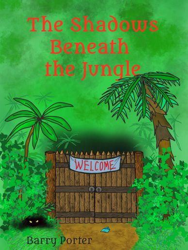 Book cover with jungle gate, glowing eyes, and title in red.