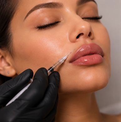 Woman receiving a cosmetic lip injection.