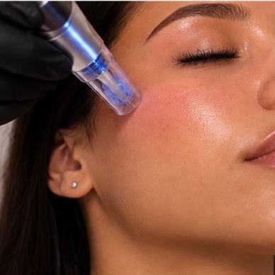 Facial treatment being applied to woman's cheek.