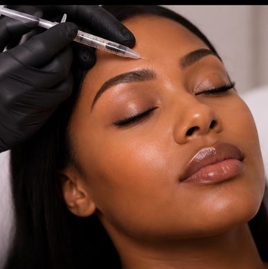 Woman receiving cosmetic injection in forehead.