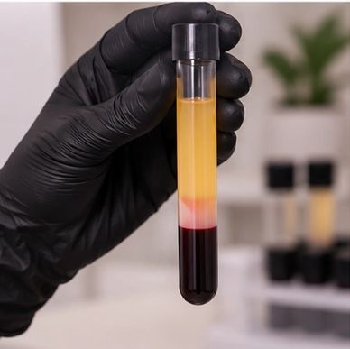 Gloved hand holding a centrifuged blood sample tube.