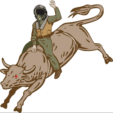 An astronaut riding a bull with one hand raised.