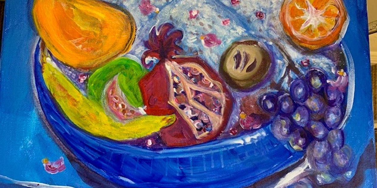 Colorful painting of a fruit bowl with various fruits.