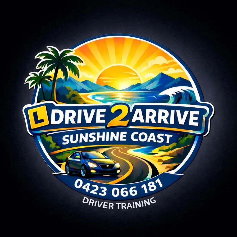 Logo for Drive 2 Arrive driver training on Sunshine Coast with sunset and car.
