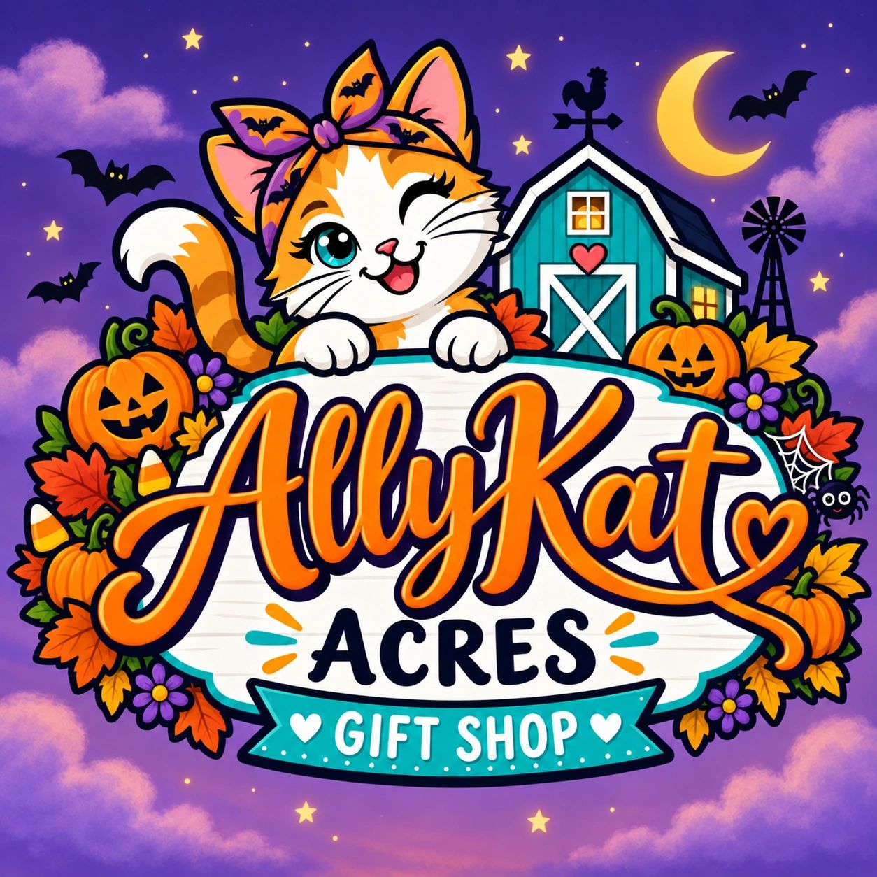 Cute logo design with winking cat next to a barn over the words Allykat Acres Gift barn in halloween