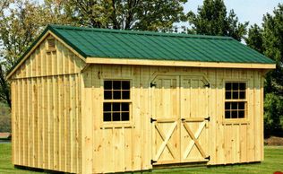 10x16 Quaker, optional metal roof, 12 lite windows, angled door, gable vents