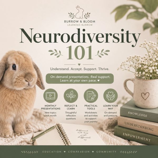 Neurodiversity 101 by Burrow &amp; Bloom with a brown rabbit and books