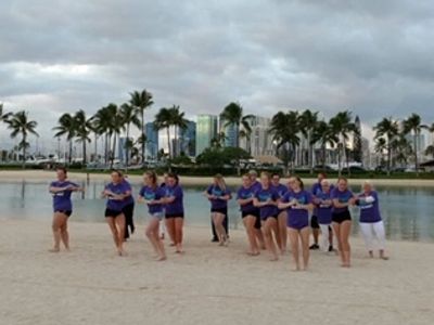 CSDA dancers practicing on the beach in Hawaii for the Pearl Harbor Performance.