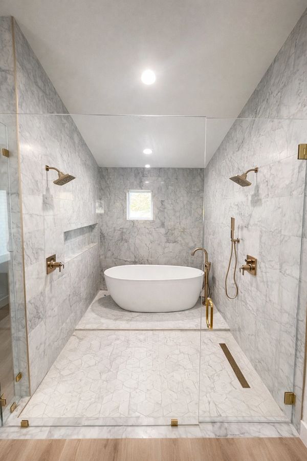 Modern marble bathroom with freestanding tub and dual showers.