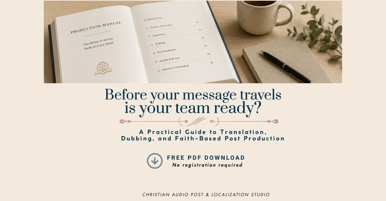 Open manual and text promoting a free PDF download on translation and dubbing.