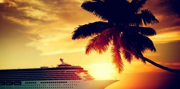 A cruise ship sails at sunset with a palm tree silhouette.