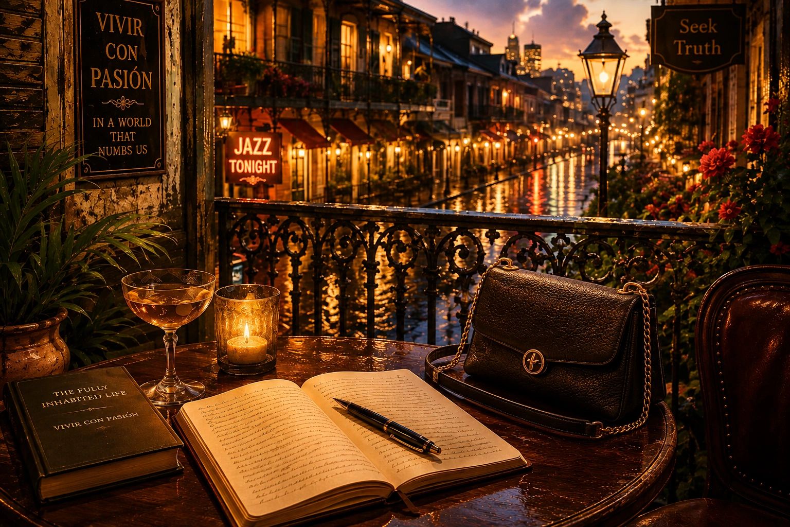 Cozy evening setting with a book, drink, and city lights.