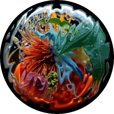 Abstract swirling colors with leaves and flowers.