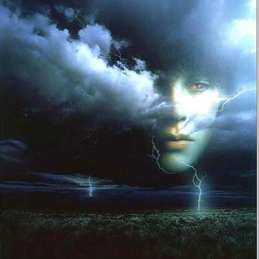 A surreal face emerges from stormy clouds with lightning strikes.