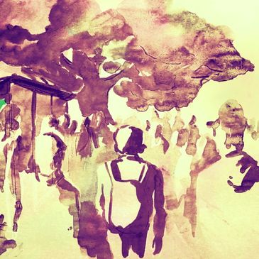 Watercolor painting of people gathered under a large tree in a park or public space.