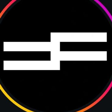Stylized white horizontal symbol on black background with multicolor circular border.