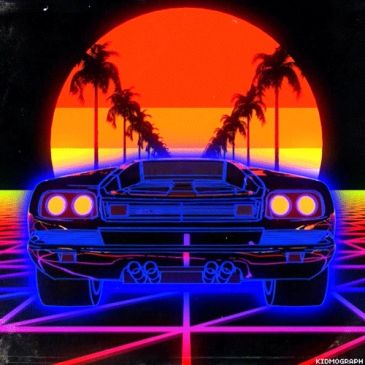Retro futuristic car with neon lights against a vibrant sunset and palm trees.