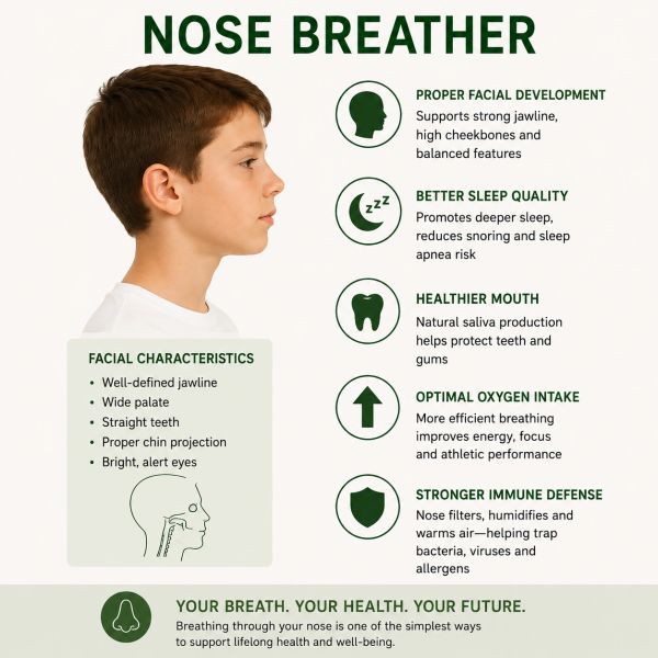 Benefits of nose breathing include better facial development, sleep, mouth health, oxygen intake, and immune defense.